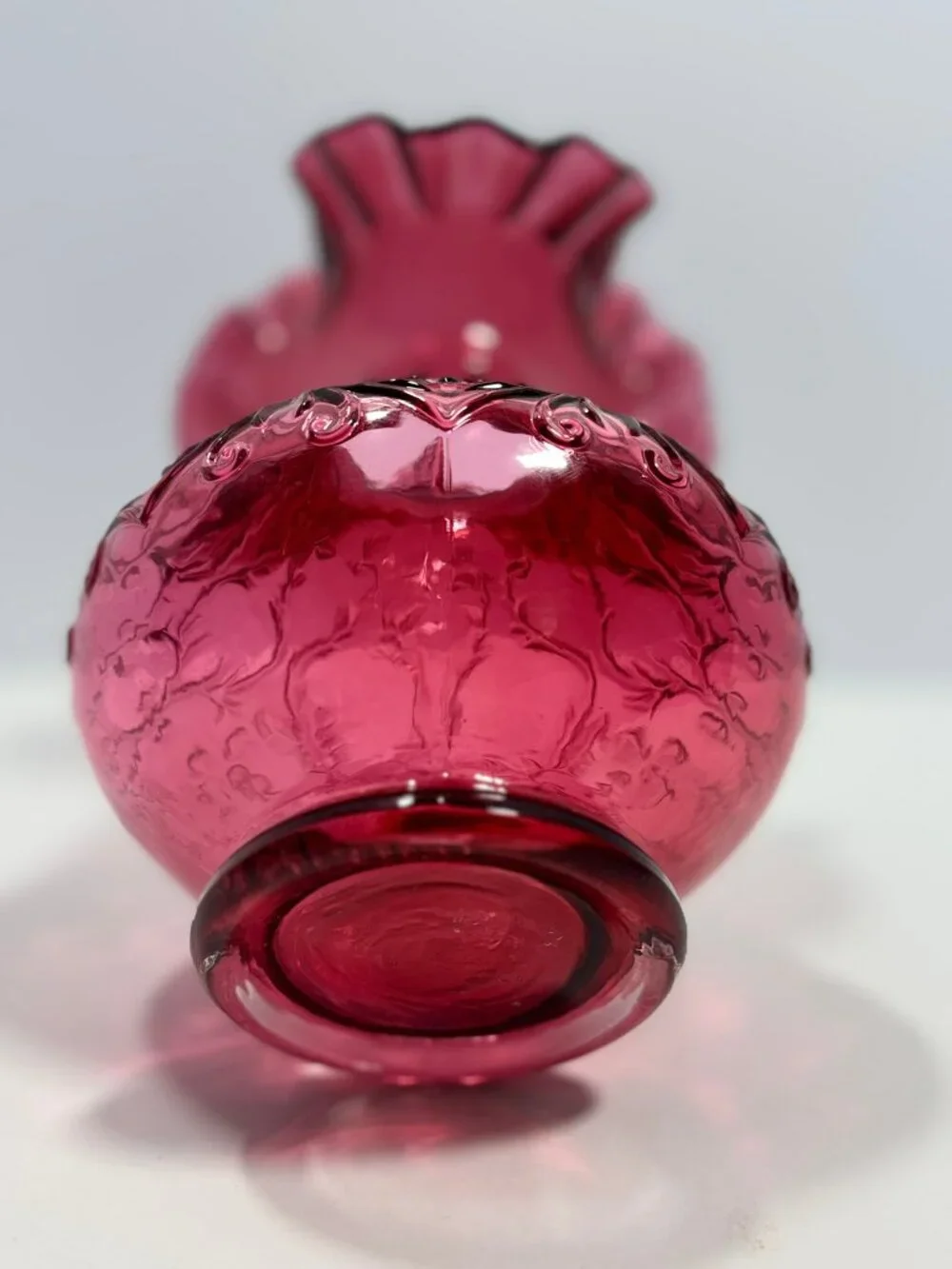Fenton Vintage Cranberry Glass Heart & Vine Embossed Vase Double Crimped Ruffled